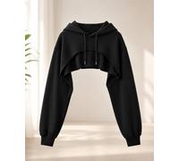 1 Pc Women's Black Hoodie With Drawstring Long Sleeves Cropped Sweatshirt | Short Crop Length,Front Cut Out Detail, Pullover Style,Ribbed Cuffs, Loose Casual Fit,for Travel,Streetwear and Daily Wear