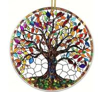 1 Pcs 2D Sun Catcher with Tree of Life Colorful Acrylic Stained Style Design Outdoor Garden Hanging, Rainbow Maker Wall Art for Garden Ornament Indoor Outdoor and Window Use