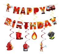 1 Pcs Birthday Party Supplies, Construction Party Decorations with Fire Truck Themed Banner & Spiral Hangers, Fire Engine Themed Party Supplies for Boys, Girls and Adults