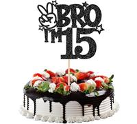1 PCS Brother I'm 15 Cake Topper Glitter Star Happy 15th Birthday Cake Pick Bro I'm 15 Cake Decoration It's My 15th Birthday Decorations for Boys Cheers to 15 Years Old Party Supplies (Black 15th)