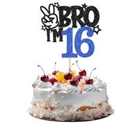 1 PCS Brother I'm 16 Cake Topper Glitter Star Happy 16th Birthday Cake Pick Bro I'm 16 Cake Decoration It's My 16th Birthday Decorations for Boys Cheers to 16 Years Old Party Supplies (Blue 16th)