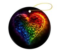 1 Pcs Ceramic Christmas Ornaments 2.8 Inch - Heart Shaped Rainbow Double Sided Round Holiday Tree Hanging Decor for Home, Party, Hotel Decorations, Gift for Teacher, Neighbor, Friend
