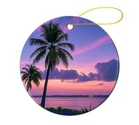1 Pcs Ceramic Christmas Ornaments 2.8 Inch - Palm Tree Purple Sunset Double Sided Round Holiday Tree Hanging Decor for Home, Party, Hotel Decorations, Gift for Teacher, Neighbor, Friend