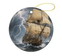 1 Pcs Ceramic Christmas Ornaments - Ancient Sailing Ship in Storm Round Double Sided Porcelain Hanging Decor for Xmas Tree, Holiday Home Decor and Gift Party Decorations (2.8 Inch)