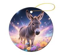 1 Pcs Ceramic Christmas Ornaments - Donkey in Magic Blooms Round Double Sided Porcelain Hanging Decor for Xmas Tree, Holiday Home Decor and Gift Party Decorations (2.8 Inch)