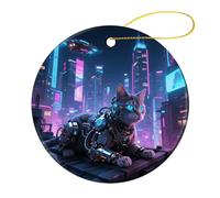 1 Pcs Ceramic Christmas Ornaments - Mechanical Cat Round Double Sided Porcelain Hanging Decor for Xmas Tree, Holiday Home Decor and Gift Party Decorations (2.8 Inch)