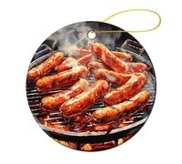 1 Pcs Ceramic Christmas Ornaments - Sausage on Fire Round Porcelain Hanging Decor with Double-Sided Printing, Christmas Tree Ornament for Holiday Keepsake Gifts (2.8 Inch)