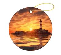 1 Pcs Ceramic Christmas Ornaments - Sea Lighthouse in Sunset Round Porcelain Hanging Decor with Double-Sided Printing, Christmas Tree Ornament for Holiday Keepsake Gifts (2.8 Inch)