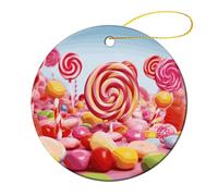 1 Pcs Ceramic Christmas Ornaments - Sweet Candy Round Double Sided Porcelain Hanging Decor for Xmas Tree, Holiday Home Decor and Gift Party Decorations (2.8 Inch)