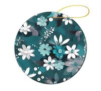 1 Pcs Ceramic Christmas Ornaments - Teal Grey and White Floral Round Double Sided Porcelain Hanging Decor for Xmas Tree, Holiday Home Decor and Gift Party Decorations (2.8 Inch)