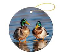 1 Pcs Ceramic Christmas Ornaments - Two Mallard Ducks Round Porcelain Hanging Decor with Double-Sided Printing, Christmas Tree Ornament for Holiday Keepsake Gifts (2.8 Inch)