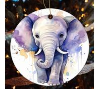 1 Pcs Christmas Ceramic Ornaments for Tree Decorations - Cute Elephant Watercolor Farmhouse Christmas Decor, Hanging Pendant Round Ornament for Xmas Tree Gifts (2.8 Inch)