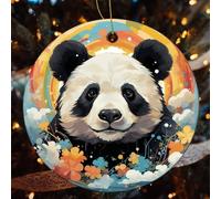 1 Pcs Christmas Ceramic Ornaments for Tree Decorations - Rainbow Cartoon Panda Farmhouse Christmas Decor, Hanging Pendant Round Ornament for Xmas Tree Gifts (2.8 Inch)