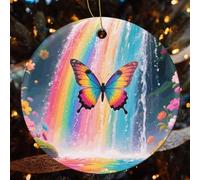 1 Pcs Christmas Ceramic Ornaments for Tree Decorations - Rainbow - Winged Butterfly by Falls Farmhouse Christmas Decor, Hanging Pendant Round Ornament for Xmas Tree Gifts (2.8 Inch)