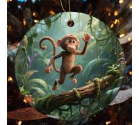1 Pcs Christmas Ceramic Ornaments for Tree Decorations - Running Monkey Farmhouse Christmas Decor, Hanging Pendant Round Ornament for Xmas Tree Gifts (2.8 Inch)