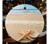 1 Pcs Christmas Ceramic Ornaments for Tree Decorations - Starfish Shell and Beach Farmhouse Christmas Decor, Hanging Pendant Round Ornament for Xmas Tree Gifts (2.8 Inch)