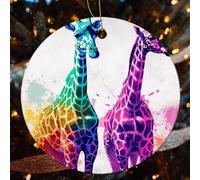 1 Pcs Christmas Ceramic Ornaments for Tree Decorations - Two Giraffes Farmhouse Christmas Decor, Hanging Pendant Round Ornament for Xmas Tree Gifts (2.8 Inch)
