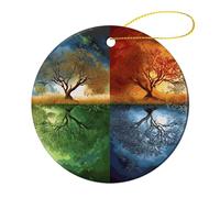 1 Pcs Christmas Ornament - 2.8" Round Ceramic, Double-Sided Print Xmas Tree Decoration, Four Season Tree of Life Ornament for Christmas Tree, Winter Holiday, Home Decor & Gift