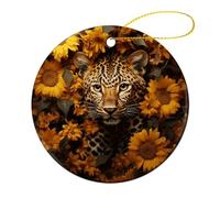 1 Pcs Christmas Ornament - 2.8" Round Ceramic, Double-Sided Print Xmas Tree Decoration, Leopard and Sunflower Ornament for Christmas Tree, Winter Holiday, Home Decor & Gift