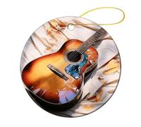 1 Pcs Christmas Ornament - 2.8" Round Ceramic, Double-Sided Print Xmas Tree Decoration, Watercolor Acoustic Guitar Ornament for Christmas Tree, Winter Holiday, Home Decor & Gift