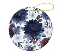 1 Pcs Christmas Ornament - 2.8" Round Ceramic, Double-Sided Print Xmas Tree Decoration, Watercolor Dark Blue Pattern Ornament for Christmas Tree, Winter Holiday, Home Decor & Gift