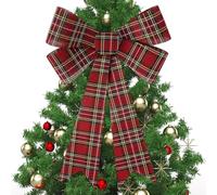 1 PCS Christmas Tree Bows, 9x12 In Large White Black Red Velvet Bows for Christmas Tree, Buffalo Plaid Plastic Big Christmas Bow for Xmas Decorations Wreath Stairs Railing Fireplace Front Door Decor