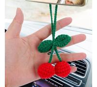 1 PCS Cute Crochet Cherry Decor for Car Accessories Hand Knitted Car Mirror Hanger Cute Red Handmade Car Accessory for Women Girls Bag Rear View Mirrors Key Chains