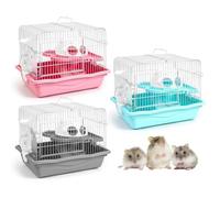 1 PCS Dwarf Hamster Cage Portable, 2-Tier Small Animal Habitat Travel Hamster Cages with Exercise Wheel, Water Bottle, Food Dish for Dwarf Hamsters, Mice, Gerbils (Grey/Blue/Pink, Random Delivery)