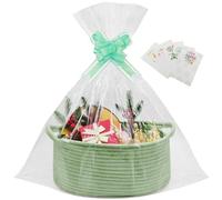 1 Pcs Empty Hamper Basket,Gift Basket with 2 Transparent Bags and 2 Pull Bows for Christmas,Baby Shower,Wedding,Birthday,Easter,Graduations,(14.96 x 9.06 x 5.51 in) (Green 1Pcs)