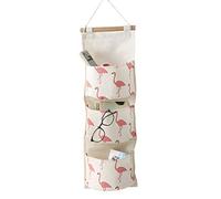 1 Pcs Flamingo Hanging Storage Bag Wall Door Closet Wall Organiser with 3 Pockets for Gadget Makeup Toys Linen Cotton Organizer Bag(Rose)