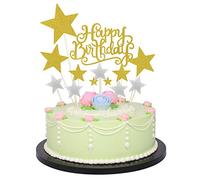 1 PCS Gold Birthday Cake Decoration Gold Happy Birthday Handmade Cake Topper and 12 PCS Pentacle Stars Cake Toppers Decoration for Party Decoration by Allazone