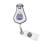 1 Pcs Halloween Badge Reels, Flower Ghost Funny Badge Reel Retractable Acrylic 360° Rotating ID Card Holder with Non-Slip Retractable Clip, ID Badge Holder for Nurse, Nursing Student, Teach ＆ Worker