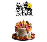1 PCS Halloween Happy Birthday Cake Topper Glitter Black Yellow Castle Ghost Glitter Cake Pick for Halloween Party Nightmare Before Christmas Theme Baby Shower Birthday Party Cake Decorations Supplies
