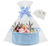 1 Pcs Hamper Basket,Gift Basket Empty with 2 Transparent Bags and 2 Pull Bows for Christmas,Baby Shower,Wedding,Birthday,Easter,Graduations(14.96 x 9.06 x 5.51 in) (Light Blue 1Pcs)