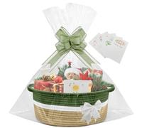 1 Pcs Hamper Basket,Gift Basket Empty with 5 Greeting Cards Ribbon Shredded Paper for Christmas,Baby Shower, Graduations,Housewarming,Easter,12.99"X9.05"X5.51" (coffee-green)