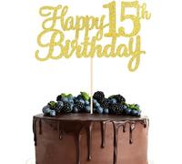 1 PCS Happy 15th Birthday Cake Topper - Gold Glitter Cheers to 15 Years - 15th Birthday Decorations for Him Her Birthday Party (Gold,15th)