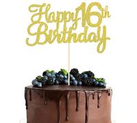 1 PCS Happy 16th Birthday Cake Topper - Gold Glitter Cheers to 16 Years - 16th Birthday Decorations for Him Her Birthday Party (Gold,16th)