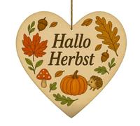 1 Pcs Hello Autumn Decorations, Hello Herbst Wooden Heart Hanging Plaque Printed Oak Leaves, Pumpkin, Hedgehog, Autumn Sign Accessories for Thanksgiving, Wooden Cards for Thanksgiving Day Decorations