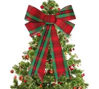 1 PCS Large Christmas Tree Bows, 9x12 in Green Red Bows for Christmas Tree, Plastic Velvet Christmas Decor Bows for Xmas Decor Fence Stairs Railing Fireplace Outdoor Front Door Wreath Decorations