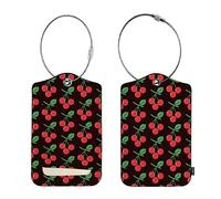 1 Pcs Luggage Tag Cherry Blossom Red Berries with Green Leaves Name ID Card Baggage Tags with Privacy Cover Stainless Steel for Women Men, Black