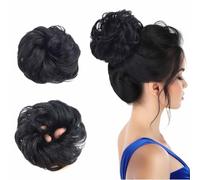 1 pcs Messy Bun Hairpiece for Women-Synthetic Wavy/Curly Chignon Updo with Donut&Scrunchies|Ponytail Extension|1B Natural Black|Accessories&Ribbon