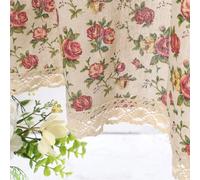 1 Pcs Red Roses Curtain Cotton Linen Semi Sheer Privacy Window Treatment Rod Pocket Farmhouse Curtain with Lace Hem, 56 by 66.9 Inch