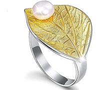 1 Pcs Silver/Gold-Plated Alloy Leaves With Freshwater Pearl Open Ring S Sterling Silver Handmade Rings For Women And