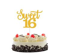 1 PCS Sweet 16 Birthday Cake Topper, Gold Glitter, Sweet Sixteen Cake Decorations, Anniversary Decoration, 16th Birthday Party Decoration (Gold)