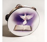 1 Pcs Tambourine Dove Bible Double Row Jingle Tambourine for Adults, Wooden Handbell Hand Clap Drum Percussion Instrument (White)