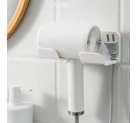 1 PCS White Universal Hair Dryer Holder for Bathroom, Self Adhesive Wall Mount Hanger for Hair Dryer Hook with Plug Organizer