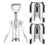 1 Pcs Wine Bottle Opener and 2 Pcs Champagne Stoppers Set, Corkscrew Wine Opener with Stainless Steel Champagne Stoppers, Essential Bar Accessories for Wine Lovers