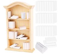 1 Pcs Wood Doll House Furniture Model Mini Dollhouse Bookshelf Small Storage Bookshelf with 50 Pcs White Blank Book Four Floors Open for Dolls Accessories