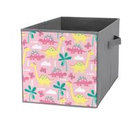 1 PCSquare Oxford Cloth Storage Basket Bin Foldable Organizer with Handles, Waterproof Laundry Hamper 10.6"x10.6"x10.6" Print Seamless Yellow Pink Dinosaurs and Butterflies Green Palm Trees