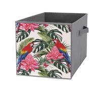 1 PCSquare Oxford Cloth Storage Basket Bin Foldable Organizer with Handles, Waterproof Laundry Hamper 10.6"x10.6"x10.6" Print Tropical Palm Leaves, Parrot Bird, Pink Hibiscus, Butterfly